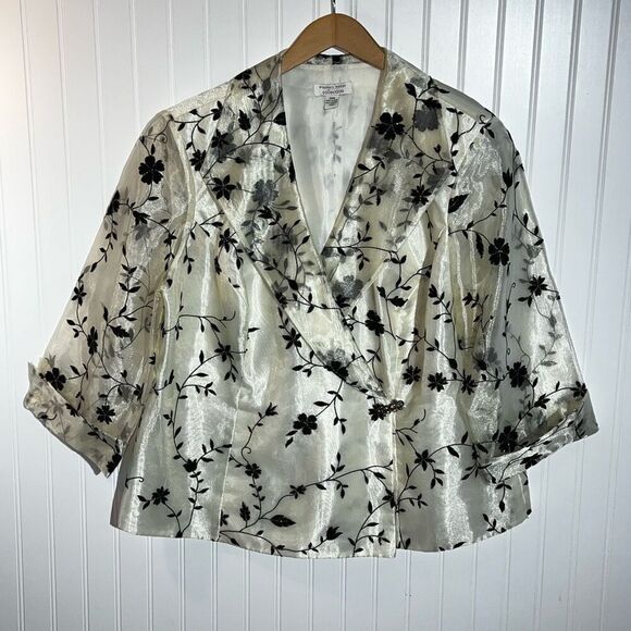 Dress Barn Tops - Dressbarn Evening Jacket Women 20W White Black Floral Print Crystal Hook Long Sl